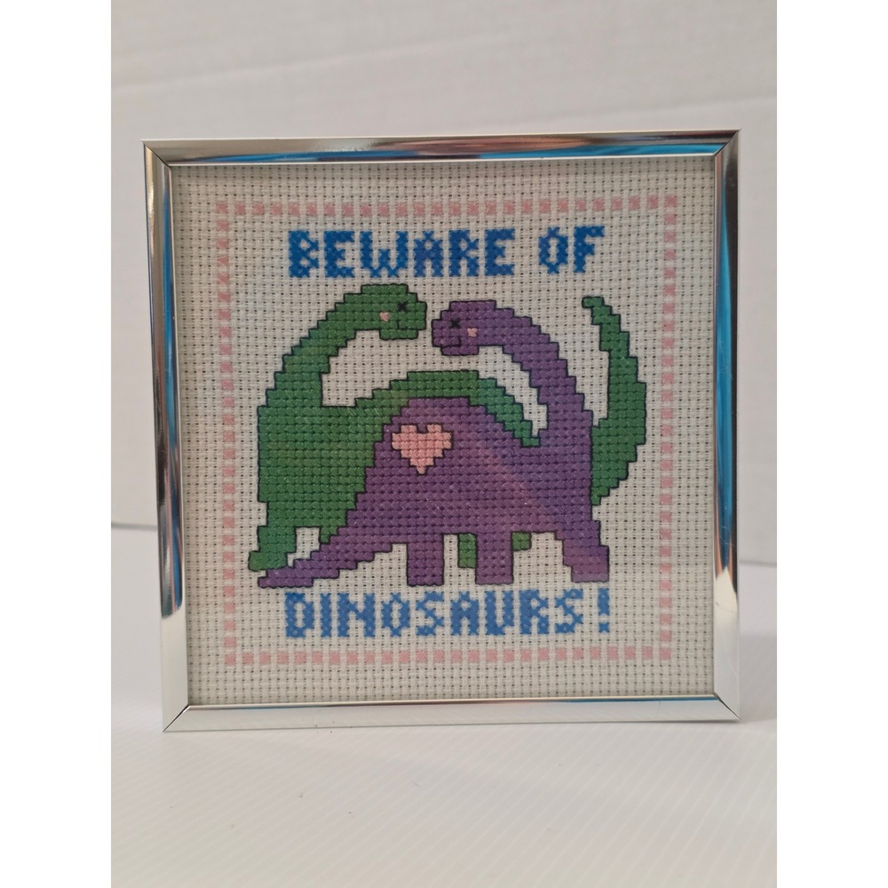 Handmade Cross Stitch Dinosaur Wall Art 5x5 Silver Frame Excellent